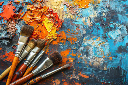Array of artistic tools  paintbrushes, pencils, and sculpting tools emanating creativityの素材