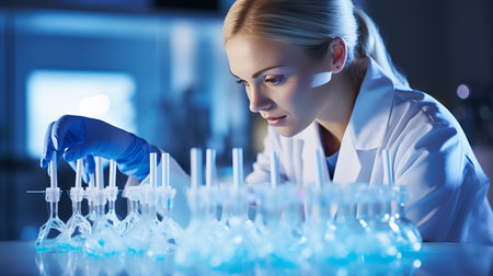 Scientific laboratory with scientists conducting experiments and analyzing specimen samplesの素材