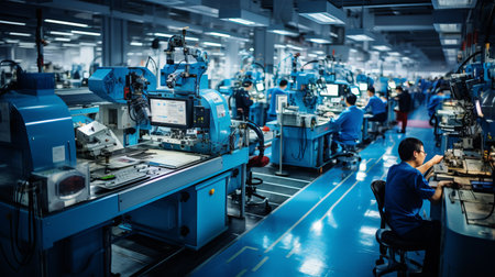 Bustling factory aerial view of workers   machinery in organized chaos, showing industrious spiritの素材