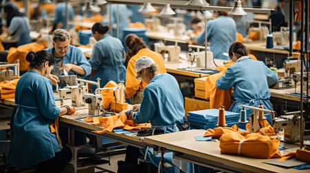 Aerial view of busy factory workers and machinery in organized chaos, showcasing industrious spiritの素材