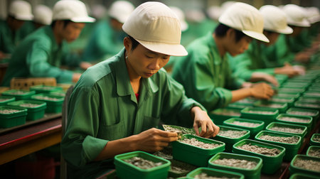 Teamwork and synchronization  factory workers collaboratively assembling and inspecting productsの素材