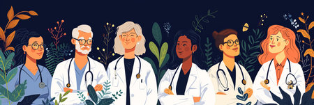 A detailed illustration of diverse medical staff providing comprehensive patient careの素材