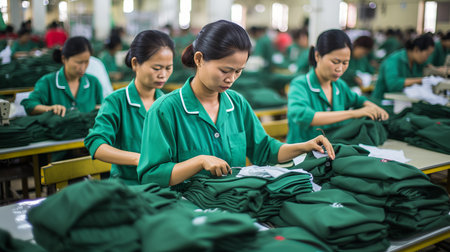 Flawless teamwork and synchronized product assembly and inspection by factory workersの素材