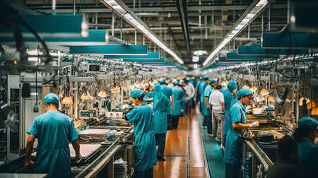 Aerial view of a bustling factory, showcasing organized chaos and an industrious workforce.の素材