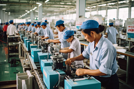 Aerial view of a bustling factory  capturing the organized chaos and industrious spiritの素材