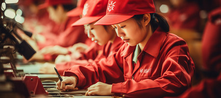 Teamwork and synchronization among factory workers assembling and inspecting productsの素材