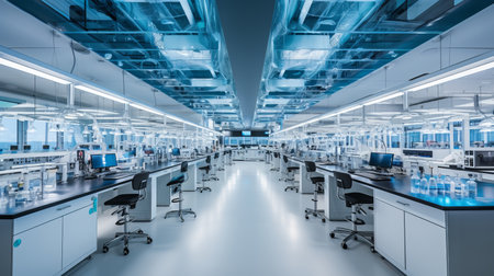 Scientific laboratory with scientists conducting experiments and analyzing specimen samplesの素材
