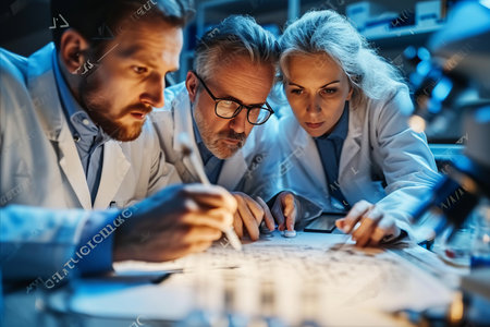 Collaborative scientists analyzing data in an innovative atmosphere of discovery and explorationの素材