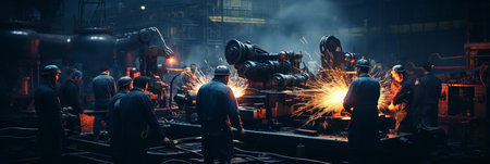 Aerial view of a bustling factory  showcasing the industrious spirit of workers and machineryの素材