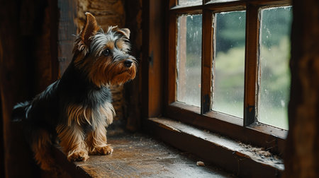 Small dog standing on two legs by window, searching or waiting for ownerCozy indoor scene with pets.の素材