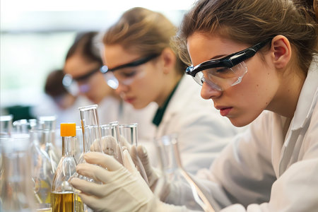 Scientists collaborating in innovative atmosphere, engaged in intricate experimentation and analysisの素材