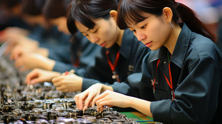 Factory workers collaboratively assembling and inspecting products with teamwork and synchronizationの素材