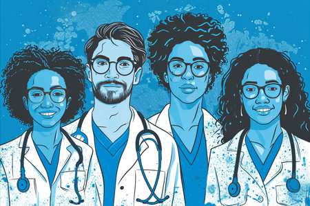 Vibrant illustration showcasing diverse medical staff providing comprehensive care to patients.の素材