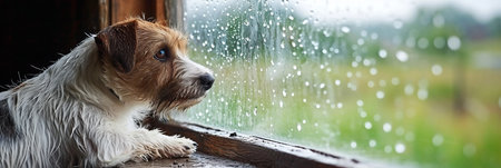 Cute dog waiting by sunny window, indoor pet with text space, lovable companion eagerly waiting.の素材