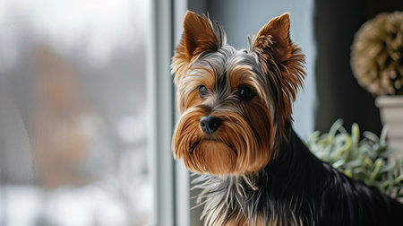 Cute small dog waiting by window for owner indoors, heartwarming image of companionshipの素材