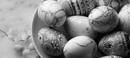 elegant black and white marble easter eggs arranged on pristine white plate with copy spaceの素材