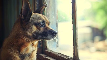 Cute small dog waiting by window, searching for ownerindoor pet with copy spacebright sunny image.の素材
