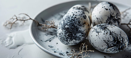 Elegant easter eggs with intricate black and white marble patterns on white plate with copy spaceの素材