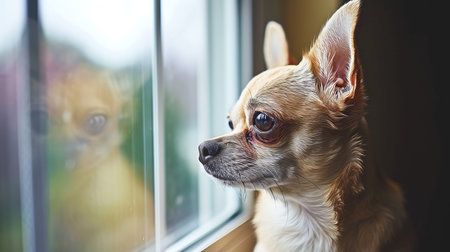 Small dog waiting by window, searching for ownerIndoor pet with copy spaceSunny image.の素材