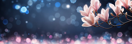 Pink magnolia on right with isolated bokeh background, two thirds copy space for text on leftの素材