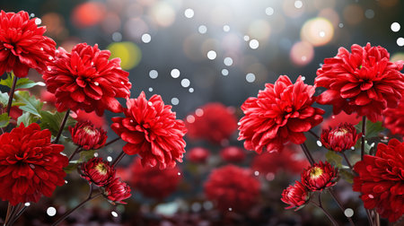 Red chrysanthemum on isolated magical bokeh background with copy space for text placementの素材