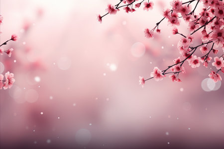 Pink cherry blossom on isolated magical bokeh background with copy space for text placementの素材