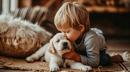 Sweet little boy shares a tender moment as he lovingly kisses the puppy s nose by the large windowの素材