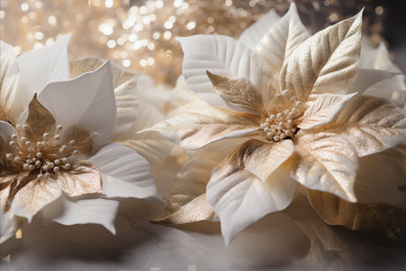 White poinsettia flower with magical bokeh background for text placement on left sideの素材