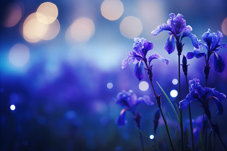 Blue iris flower with isolated magical bokeh background and copy space for text placementの素材
