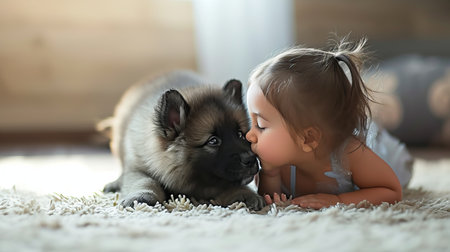 Adorable little girl expressing affection by kissing the puppy s nose near a spacious windowの素材