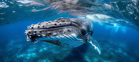 Magnificent humpback whale gracefully gliding through the awe inspiring depths of the oceanの素材
