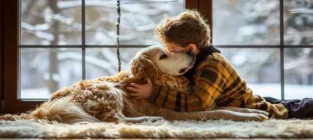 Boy affectionately kisses dog s nose by large window, leaving ample space for text  2 3 empty .の素材