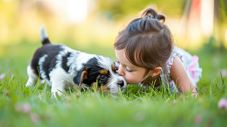 Sweet and affectionate moment  small girl lovingly kisses puppy s nose by the large windowの素材