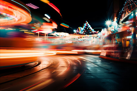 Blurred bokeh effect at vibrant carnival   colorful rides, games, food stalls illuminated at nightの素材