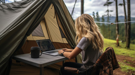 Woman freelancer working remotely with laptop and enjoying breathtaking mountain landscapeの素材