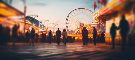Blurred bokeh effect of vibrant carnival scene with rides, games, and food stalls at nightの素材