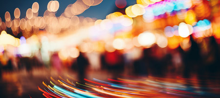 Bustling carnival night  colorful rides, games, and food stalls illuminated against dark skyの素材