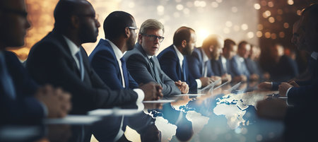 Investors analyzing financial data with bokeh background of world map and stock market chartsの素材