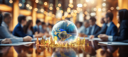 Investors analyzing financial data with bokeh background of world map and stock market chartsの素材