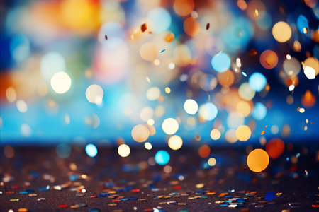 Vibrant and festive bokeh blurred background with colorful confetti and dynamic party elementsの素材