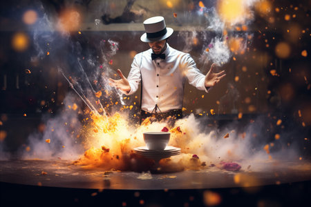Magician performing tricks with colorful smoke and floating objects in blurred bokeh backgroundの素材