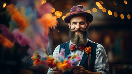 Magician performing tricks with colorful smoke and floating objects in blurred bokeh effectの素材