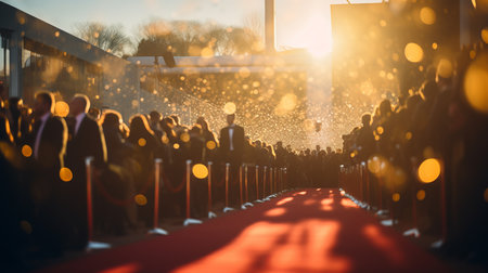 Celebrities at glamorous movie premiere with mesmerizing bokeh effect and blurred crowd of fansの素材