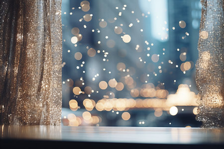 Bokeh effect on elegant broadway stage with grand curtain and chandeliers, exuding excitementの素材