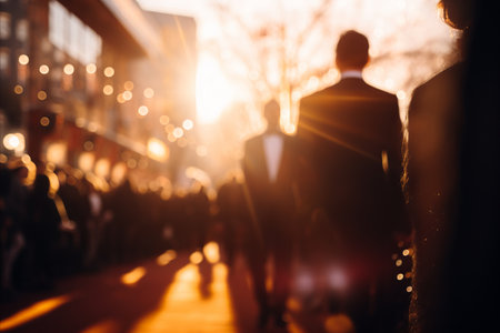 Blurred bokeh effect at star studded movie premiere with red carpet, flashing cameras, and fans.の素材