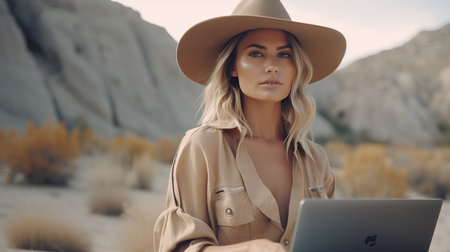 Freelancer working on laptop by the sea, stay connected and work remotely while enjoying vacation.の素材