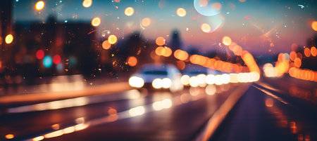 Blurred bokeh effect of car driving through city with mesmerizing urban skyline in the backgroundの素材