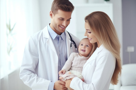 Doctor providing guidance on infant care to a young mother in a light colored lab coatの素材