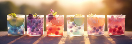 Radiant bokeh background with refreshing drinks and appetizing snacks on sunlit outdoor patioの素材