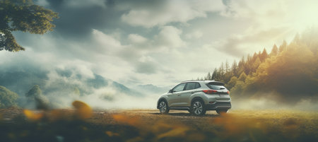 Blurred bokeh effect  car driving up mountain with dreamy, blurred bokeh clouds in backgroundの素材